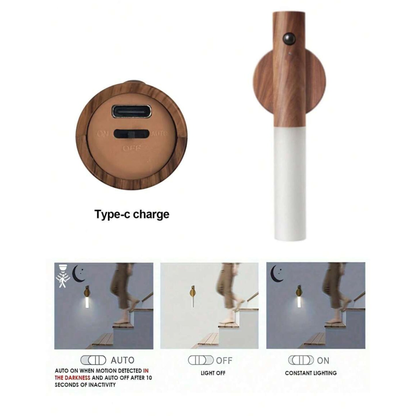 Motion Sensor LED Night Light Magnetic Wall Lamp USB Rechargeable Stick-On Light