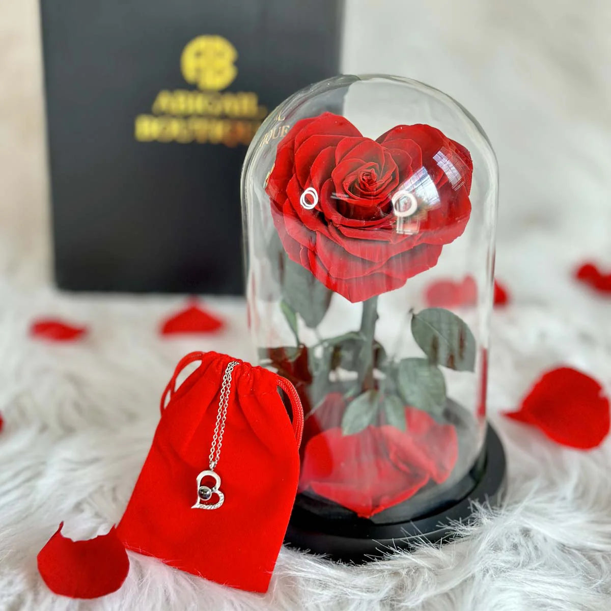 Heart Shape Preserved Rose in Glass Dome with Heart Love Necklace