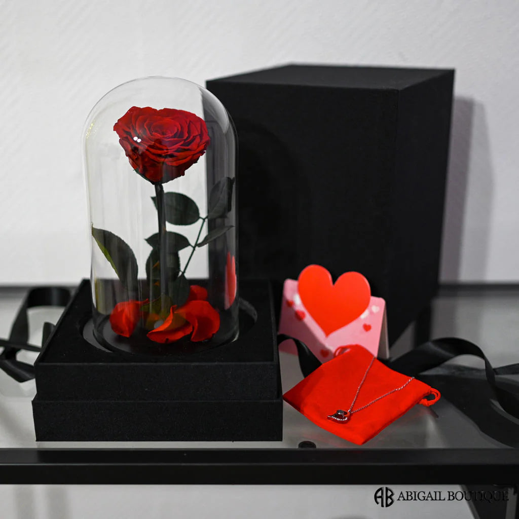 Heart Shape Preserved Rose in Glass Dome with Heart Love Necklace