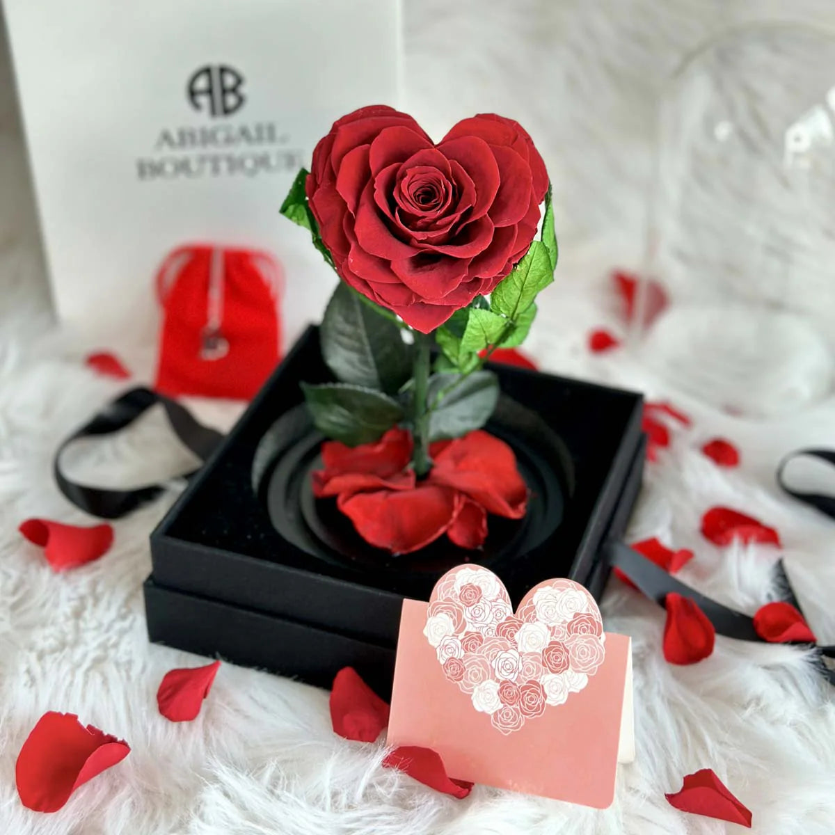 Heart Shape Preserved Rose in Glass Dome with Heart Love Necklace